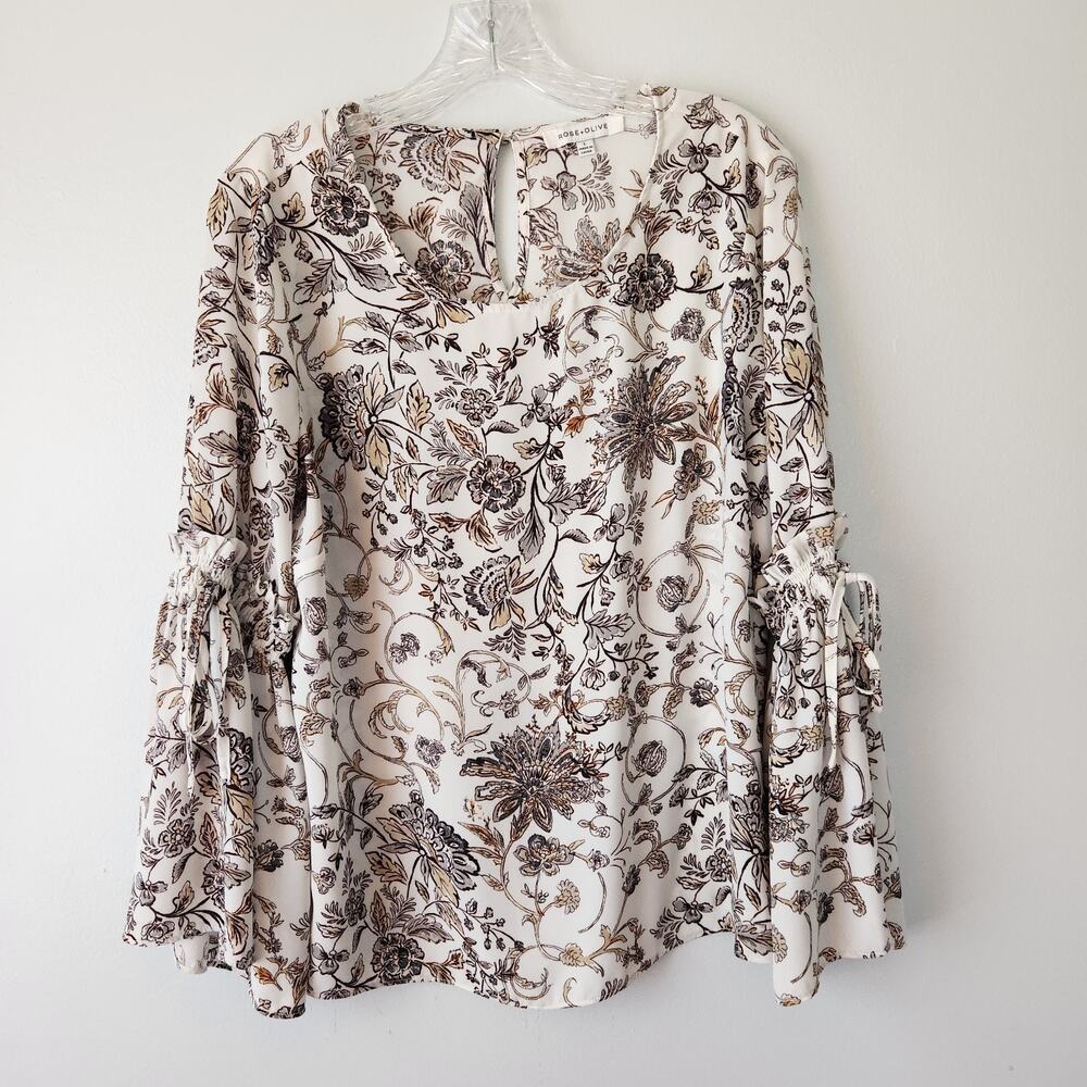 Rose + Olive Top Womens L Tan Gray Floral Tunic Office Workwear Cottagecore Boho